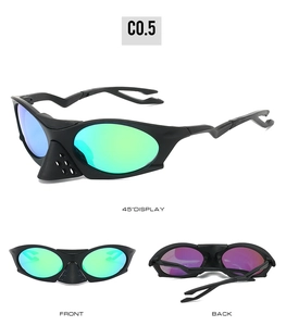 Detailed multi-angle views of matte black polarized cycling sunglasses with rainbow lenses