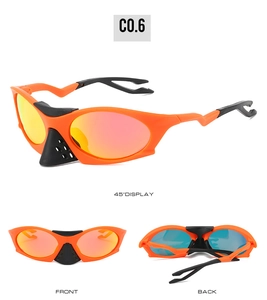 Detailed views of bright orange cycling sunglasses with polarized reflective lenses