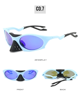 Three views of sports sunglasses with blue frames, purple lenses and vented nose guard