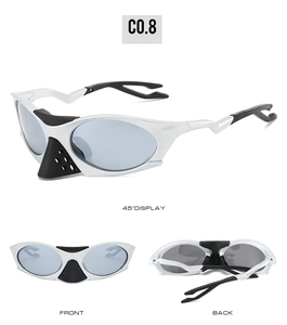 Detailed views of silver sporty sunglasses with a black ventilated nose guard and grey lenses
