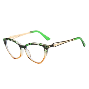 Cat eye glasses frames with green marble pattern and gold metal temples in retro style