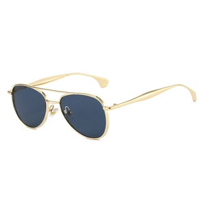 Classic gold aviator sunglasses with blue lenses and double bridge design on white background