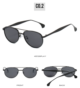 Vue sous trois angles de lunettes de soleil aviateur noires montrant les détails du cadre