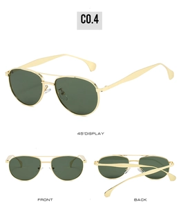 Vues détaillées de lunettes de soleil aviateur dorées avec verres verts et double pont