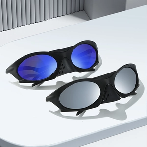 Polarized sports sunglasses with blue and silver mirrored lenses and side shields