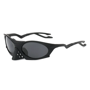 Polarized sports sunglasses with matte black wrap-around frame and unique zigzag temples