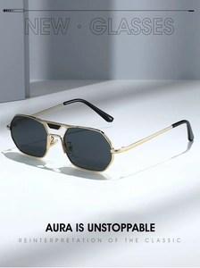 Detail of vintage square metal sunglasses with geometric gold frame and dark lenses