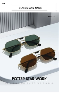 Close-up of vintage square metal frames with green and tea lenses and double bridge detail