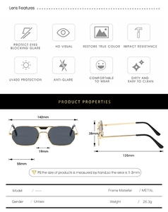 Detailed specs of unisex square metal sunglasses with UV400 polarized lenses and gold frame