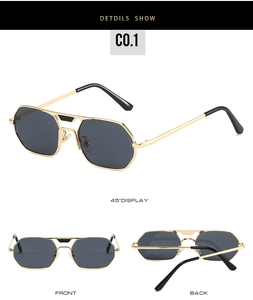 Three-angle views of vintage square metal sunglasses with gold frames and dark lenses
