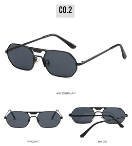 Three-angle display of square metal sunglasses in black with 45-degree and front views