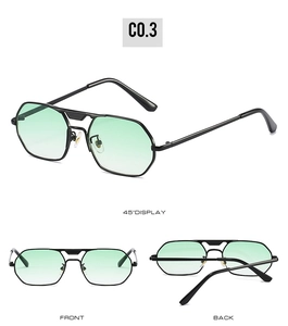 Detailed views of vintage square metal sunglasses with green gradient lenses and black frames