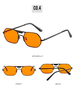 Three-angle view of square metal sunglasses with orange lenses and a double bridge frame