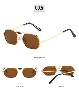 Three perspectives of retro octagonal gold metal sunglasses with deep brown lenses