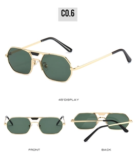 Detailed multi-angle views of vintage gold metal square sunglasses with dark green lenses