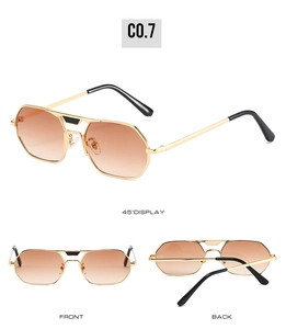 Three-view display of gold metal square sunglasses with brown gradient lenses