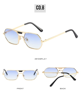 Detailed views of gold square metal sunglasses with blue gradient lenses in three angles