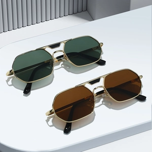 Vintage square metal sunglasses with double bridge and green lenses for men and women