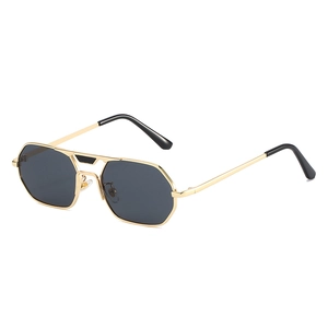 Retro square metal sunglasses with gold hexagonal frame and black UV protective lenses