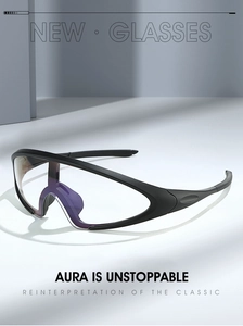 Detail of cycling glasses with black matte frame and transparent oversized photochromic lens
