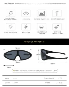 Tableau des tailles détaillé pour lunettes de vélo unisex avec dimensions et spécifications PC