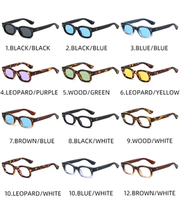 Collection of vintage small square sunglasses featuring 12 diverse color options and metal rivets