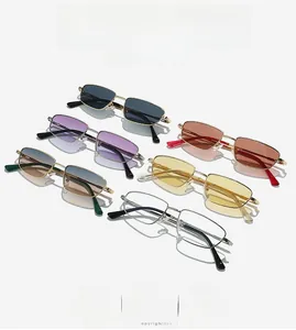 Variety of rectangular metal sunglasses with colorful lenses and vintage frames