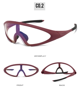 Detailed views of red sports goggles showing front, back, and 45-degree angle structures