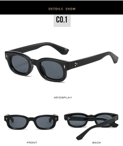 Detailed views of black vintage square sunglasses with decorative gold metal rivets