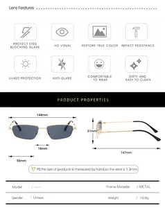 Detailed sizing chart for unisex rectangular metal sunglasses with precise frame measurements