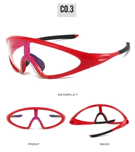 Three-way view of red cycling sunglasses with large wrap-around frame and anti-slip temples