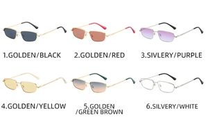 Multiple stylish metal square sunglasses in six color variations with textured temples