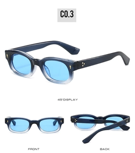 Three perspectives of retro square sunglasses featuring blue lenses and gold rivets