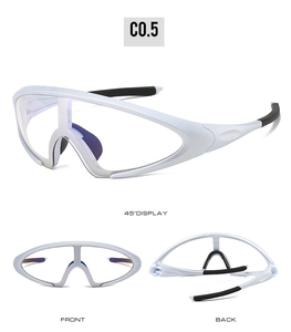 Three-angle display of white-frame cycling goggles with clear lenses and black ear grips