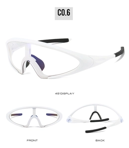 Three-view display of white frame cycling sunglasses with purple coated lenses and nose pads