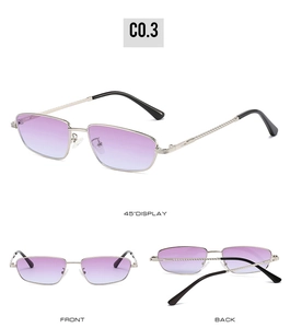 Detail view of silver metal square frame sunglasses with purple gradient lenses and spiral temples