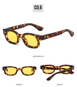 Three views of tortoiseshell square sunglasses with yellow lenses showing multi-angle details