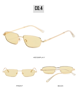Three views of gold metal rectangle sunglasses with retro yellow lenses and twisted temples