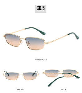 Multiple views of rectangular gold metal sunglasses with blue-orange gradient lenses