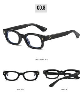 Multi-angle views of black vintage square frame glasses with gold rivet details