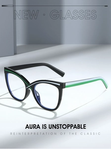 Detail showing sleek black cat-eye frame with green and white striped accents