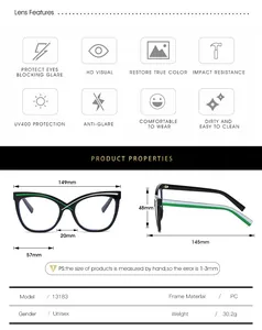 Detailed size chart and technical specifications for these unisex cat-eye glasses frames