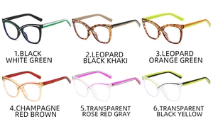 Six assorted cat-eye frame glasses in black, leopard, and champagne colors with color-blocking temples
