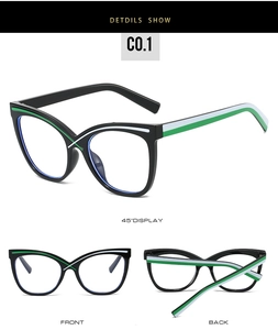 Detail shots of black cat-eye anti-blue light glasses with green and white striped temples
