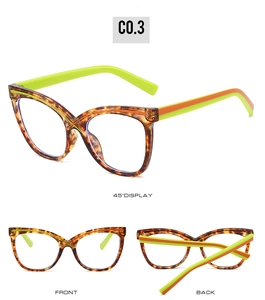 Detailed views of cat-eye glasses frame featuring tortoise pattern and neon temples