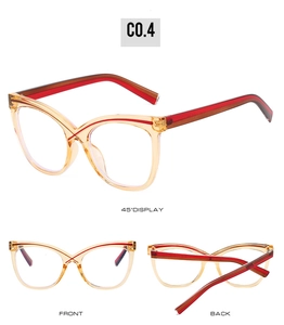 Three-view display of cat-eye clear yellow frames with deep red temples for women