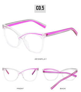 Detail view of transparent cat-eye glasses frame with pink inner accents from multiple angles