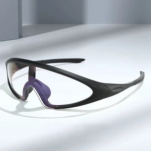 Cycling photochromic sports sunglasses with black matte frame and large clear lens