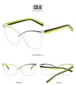 Three-view display of cat-eye glasses frames with clear front and neon green temples