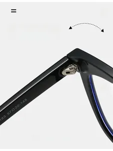 Detail view of durable silver metal hinges and size specs on black eyeglass frames